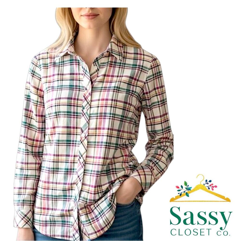 ✨Talbots White Plaid Cotton Button Down Shirt Purple Green Black Size S EUC 💜